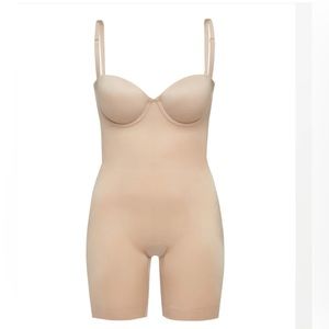 Suit Your Fancy Strapless Cupped Mid-Thigh Bodysuit - Beige Size L